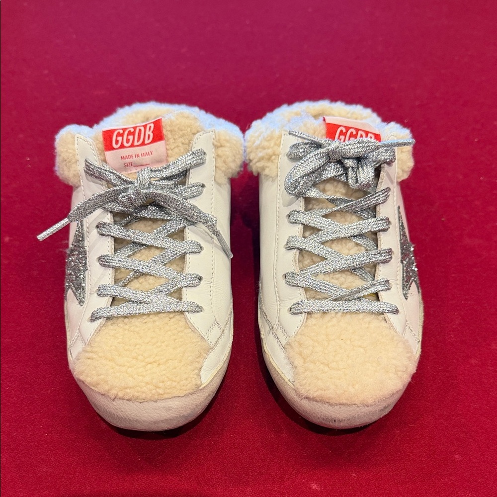 Golden Goose Superstar Sabot slip on  White and Silver Sneakers with Shearling